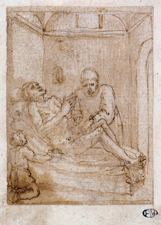 A man's body receiving the ministrations of a healer. Drawing attributed to Pieter de Jode I.