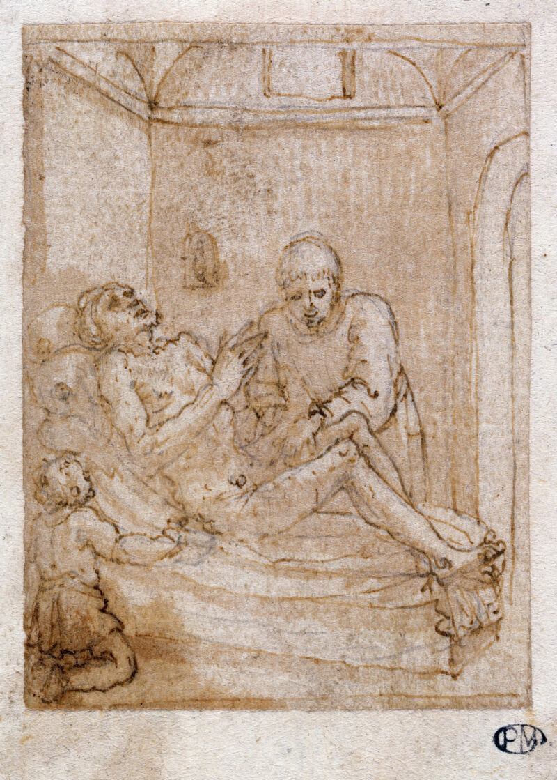 A man's body receiving the ministrations of a healer. Drawing attributed to Pieter de Jode I., [1600?], by Pieter de Jode I