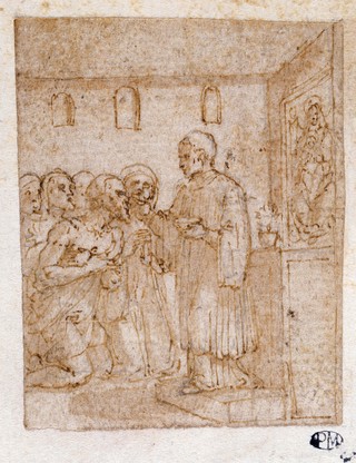 A man kneeling before an altar and receiving the sacrament from a priest. Drawing attributed to Pieter de Jode I.