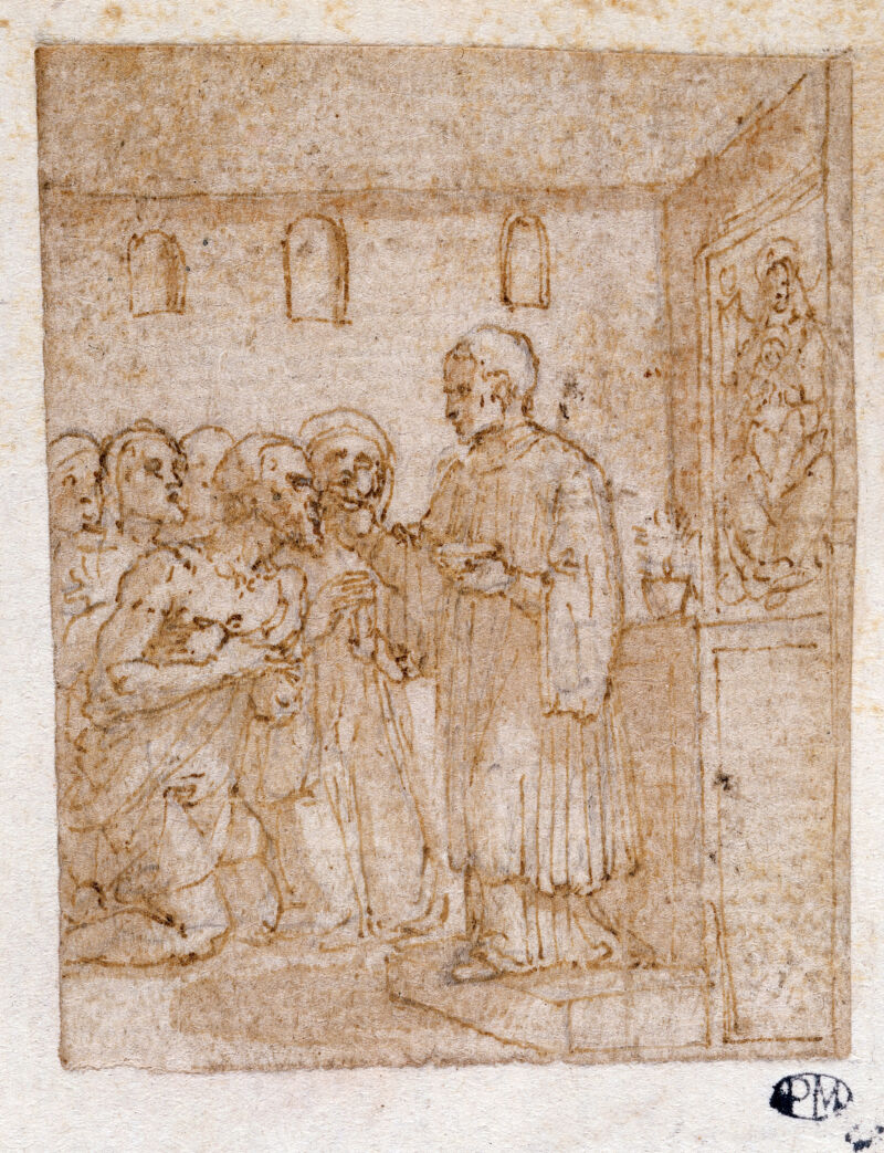 A man kneeling before an altar and receiving the sacrament from a priest. Drawing attributed to Pieter de Jode I., [1600?], by Pieter de Jode I