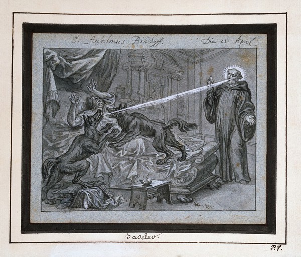 A monk, suffering a hallucination that he is being attacked by wolves, being freed from his delusions by Saint Anselm. Drawing by an artist in the circle of J.W. Baumgartner.
