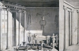 view A body lying in a Graeco-Roman building, surrounded with vessels and sculpted figures. Drawing.