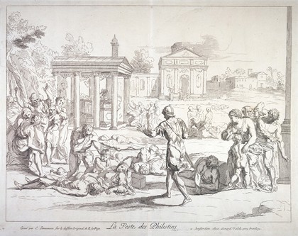 The plague at Ashdod. Etching by C. Simonneau, ca. 1695, after R. La Fage.