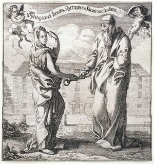 view A woman representing Wisdom (?) giving to a philosopher (Aristotle?) the key to the treasure-house of Reason, to distinguish man from the beasts. Etching.