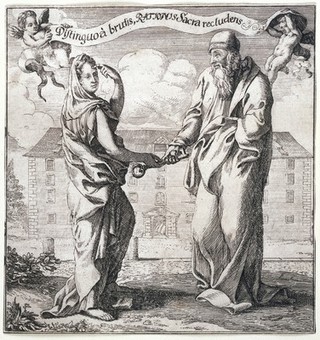 A woman representing Wisdom (?) giving to a philosopher (Aristotle?) the key to the treasure-house of Reason, to distinguish man from the beasts. Etching.