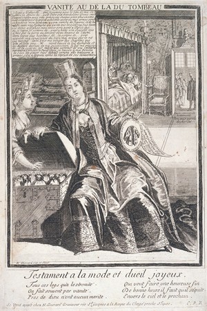 view A vain man making extravagant charitable bequests. Engraving by N. Guérard, 1715/1719.