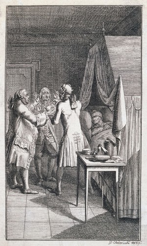 view Doctors disputing, the patient is ignored. Etching by D.N. Chodowiecki, 1781.