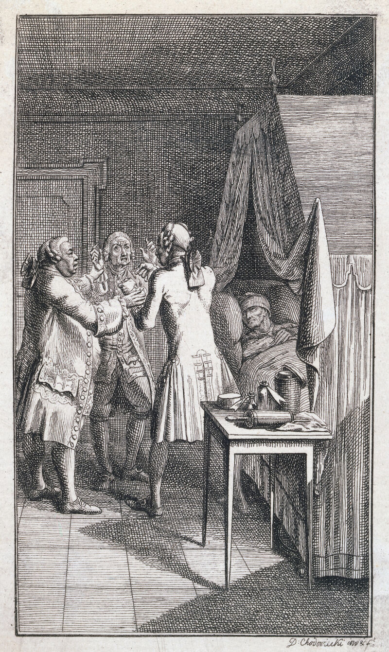 Doctors disputing, the patient is ignored. Etching by D.N. Chodowiecki, 1781., [1781], by Daniel Nikolaus Chodowiecki