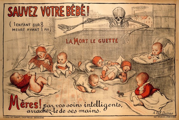 Childhood mortality: interior of a nursery with eight babies, watched by Death who opens the window from outside and reveals an industrial cityscape. Colour lithograph by Alice Dick Dumas.