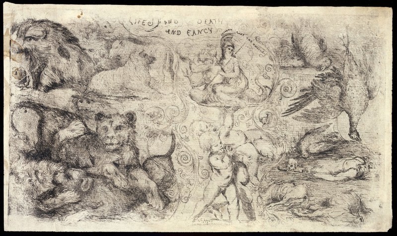 Animals and human figures manifesting life, death and fancy. Etching by R.C. Lucas, 1838., 1838, by Richard Cockle Lucas