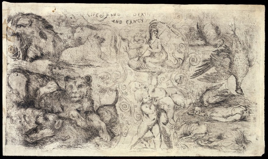 Animals and human figures manifesting life, death and fancy. Etching by R.C. Lucas, 1838.