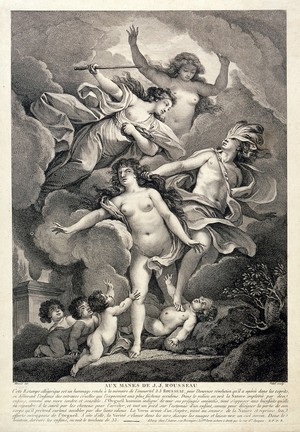 view Thanks to the writings of Jean-Jacques Rousseau, Virtue and Truth prevent Human Pride from resisting the efforts of Nature to allow children to live a happy life. Engraving by G. Vidal after Ch. Monnet.
