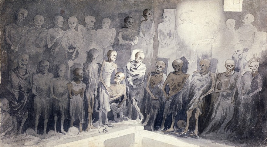 Skeletons (of Capuchin friars?) preserved in a crypt. Wash drawing.