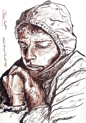 view James Scott, Australian medical student, lost in the Himalayas for forty-three days without food. Drawing by Martin Howard Boscott, 1993.