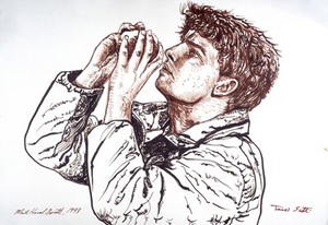 view James Scott, Australian medical student lost in the Himalayas for forty-three days without food, drinking from a snowball to rehydrate in the afternoon sun. Drawing by M. H. Boscott, 1993.