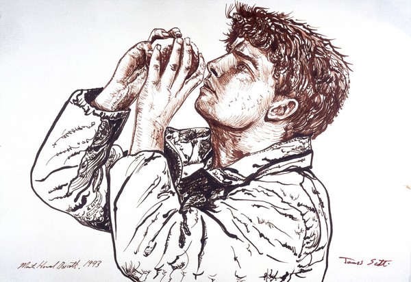 James Scott, Australian medical student lost in the Himalayas for forty-three days without food, drinking from a snowball to rehydrate in the afternoon sun. Drawing by M. H. Boscott, 1993.