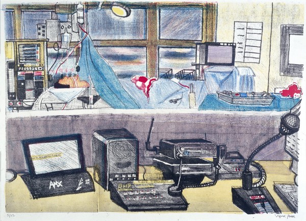 The Eagle simulator for training anaesthesia students at the Chelsea and Westminster Hospital, London. Etching with lithograph by Virgina Powell, 2000.