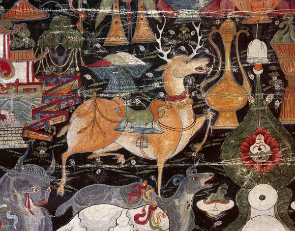 Attributes of rDo-rje Grags-mo brGyal (Dorje Dragmogyel) in a "rgyan tshogs" banner. Distemper painting by a Tibetan painter.