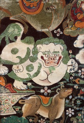 Attributes of Kubera in a "rgyan tshogs" banner. Distemper painting by a Tibetan painter.