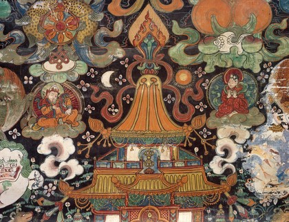 Attributes of Kubera in a "rgyan tshogs" banner. Distemper painting by a Tibetan painter.