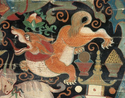 Attributes of Cimara (gNod-sbyin rTsiu-dmar-po) in a "rgyan tshogs" banner. Distemper painting by a Tibetan painter.