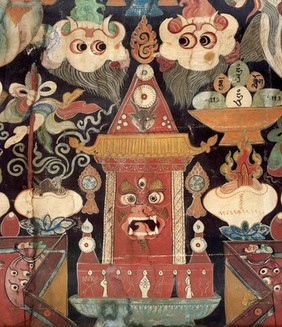 Attributes of Ma-cig dpal-gyi Lha-mo in a "rgyan tshogs" banner. Distemper painting by a Tibetan painter.