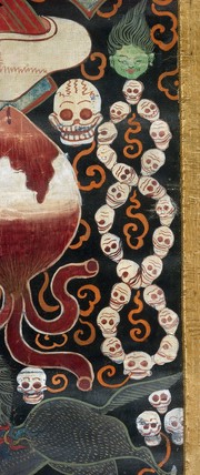 Attributes of Brahmā (Tibetan Tshaṅs-pa, the pure one) in a "rgyan tshogs" banner. Distemper painting by a Tibetan painter.