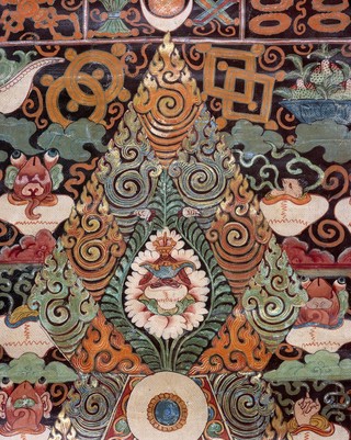 Attributes of rDo-rje 'Jigs-byed (Sanskrit Vajrabhairava, 'the fear-inspiring one') in a "rgyan tshogs" banner. Distemper painting by a Tibetan painter.
