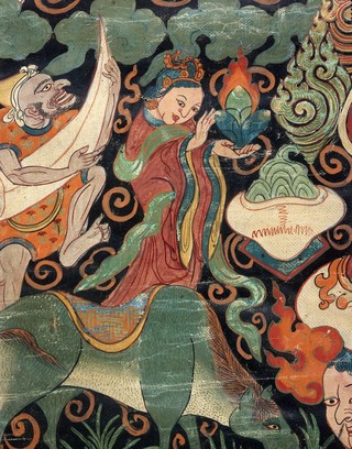 Attributes of rDo-rje 'Jigs-byed (Sanskrit Vajrabhairava, 'the fear-inspiring one') in a "rgyan tshogs" banner. Distemper painting by a Tibetan painter.