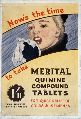 Showcard advertising Merital quinine compound tablets.