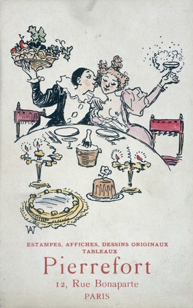 Pierrot kissing woman at a dining table ca 1900