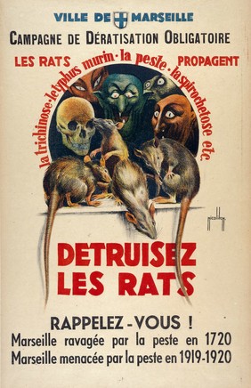 Rats, and monsters representing death and diseases attributed to rats. Colour lithograph by O. Nicolitch, 1920.