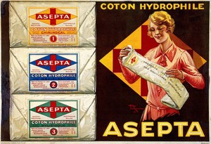 view "Asepta" absorbent cotton for surgical, medical and hygienic uses. Colour lithograph by Henry Le Monnier, 1928.