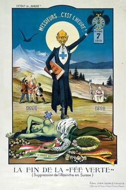 An evil man, representing medicine and religion (?), gloats over the death of the freedom of the individual in Switzerland to consume absinthe, represented as a green woman stabbed by a cross. Colour lithograph after A.-H. Gantner, 1910.