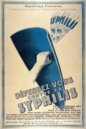 view A shield to protect against syphilis represented as a skull. Lithograph, 1924/1930.