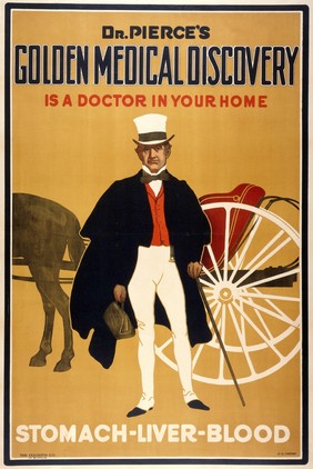 An American physician of the late nineteenth century, with his doctor's bag and horse and buggy; advertising the medicine "Dr Pierce's Golden Medical Discovery". Colour lithograph by E.C. Pease, 1910.