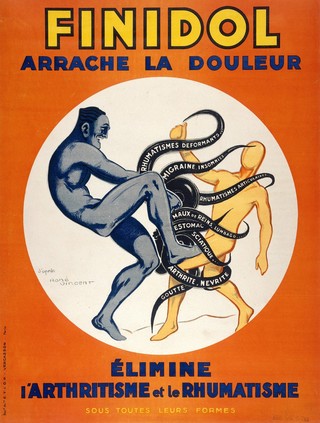 A man representing the remedy Finidol rescues another man from the clutches of an octopus whose tentacles represent rheumatic and arthritic diseases. Colour lithograph after René Vincent.