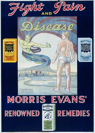 A confrontation between two figures, representing industrial diseases being challenged by health gained from use of Morris Evans' remedies. Colour lithograph incorporating a design by W. Mitford Davies.