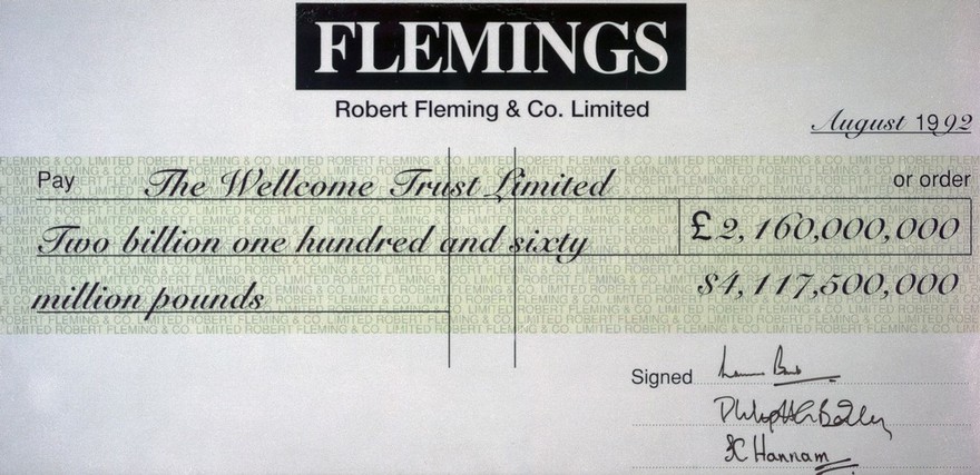 Cheque for the second sale of Wellcome Trust shares.