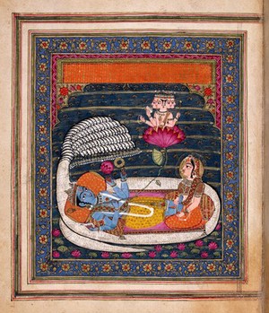 view The narrative setting of the mahatmyas. Laksmi asks Visnu about the greatness of the Bhagvadgita as he reclines on the serpent Sesanaga in the cosmic ocean. The four headed god Brahma is seated on the lotus that emerges from Visnu's navel. The scalloped arch and rolled-up curtain at the yop of the picture evoke the symbols of temple icons