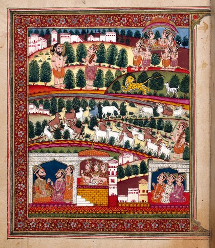 The mahatmya of the second adhyaya. The bottom third of the painting depicts the frame story of Devasusara of Purana. The top two-thirds illustrate the embedded story of Gadia the goatherd: one of his goats chases away a lion, the ascetic Bala explains the meaning of the events, and Gadia and his animals ascend to Visnu's celestial dwelling Vaikuntha in their divine bodies