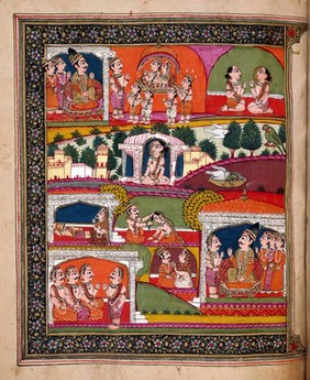 The mahatmya of the fifth adhyaya. The bottom half of the painting depicts Pingala's life as a Brahman, his argument with his wife and his death by poisoning. The upper half illustrates the narrative of their subsequent births as birds: they fight in an ascetic's skull in a cremation ground and are given new divine bodies. In the new form they are taken to the court of Dharmaraja, the judge of the actions of mortals