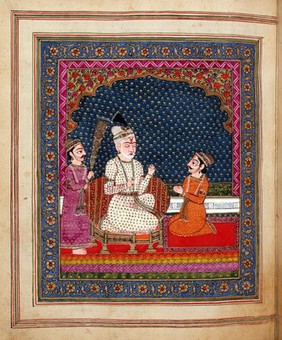 The story of the Bhagvadgita. Seated on the throne and served by an attendant waving a whisk made of peacock feathers, the blind king Dhrtarastra listens as the visionary narrator Sanjaya relates the events of the battle between the Kaurava and the Pandava clans