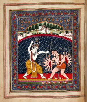 view The sixth avatara if Visnu. The warrior Brahman Parasurama slays the evil king Anjuna with an axe.