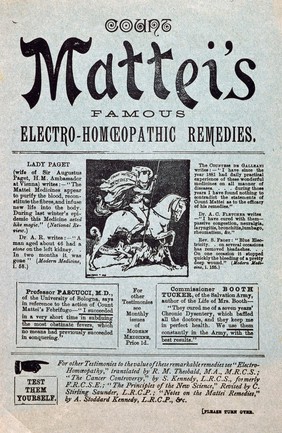 Count Mattei's famous electro-homoeopathic remedies. London: Mattei, 1890. Magazine insert, recto