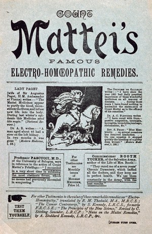 view Count Mattei's famous electro-homoeopathic remedies. London: Mattei, 1890. Magazine insert, recto