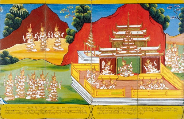 (Right) The devas ask the Bodhisatta