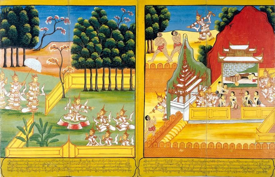 (Left side) The Bodhisatta goes to the Nanda Park in th