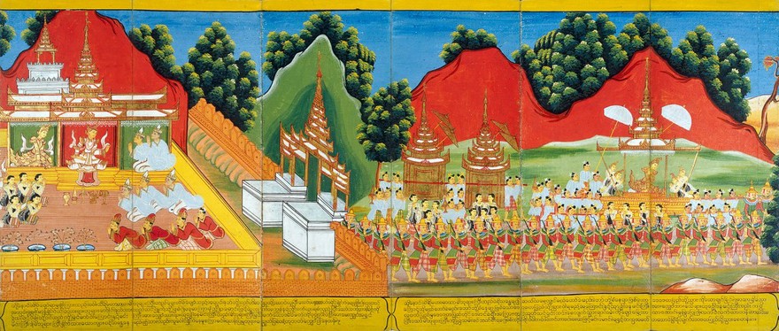 (Left) King Suddhodana asks brahmins to intertret the Queen's