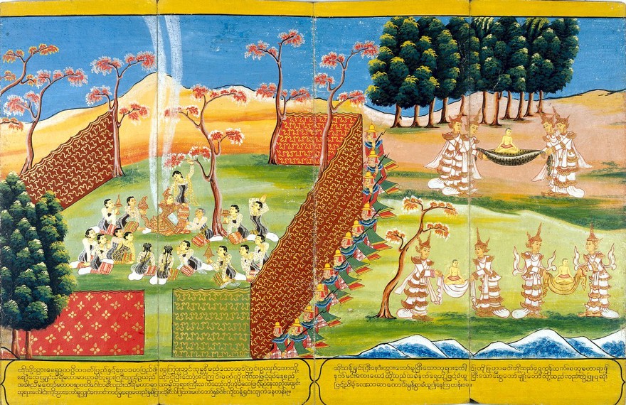 (Left) The queen gives birth to the Bodhisatta.